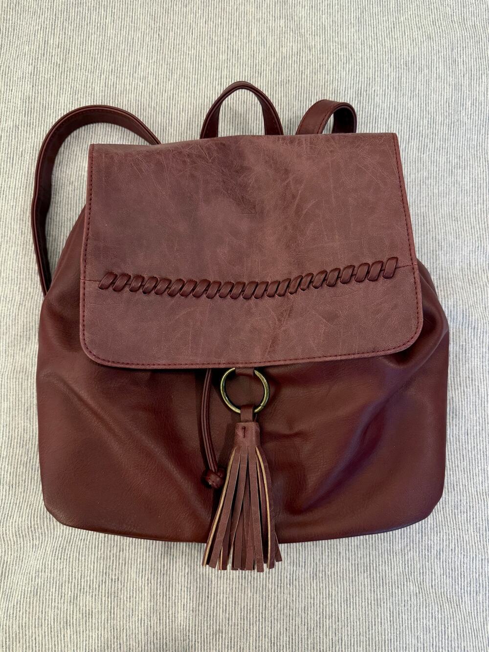 Boho Burgundy Vegan Faux Leather Backpack Purse with Tassel